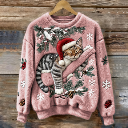 Jytte | Weihnachtspullover Damen mit Katzenmotiv Rundhals