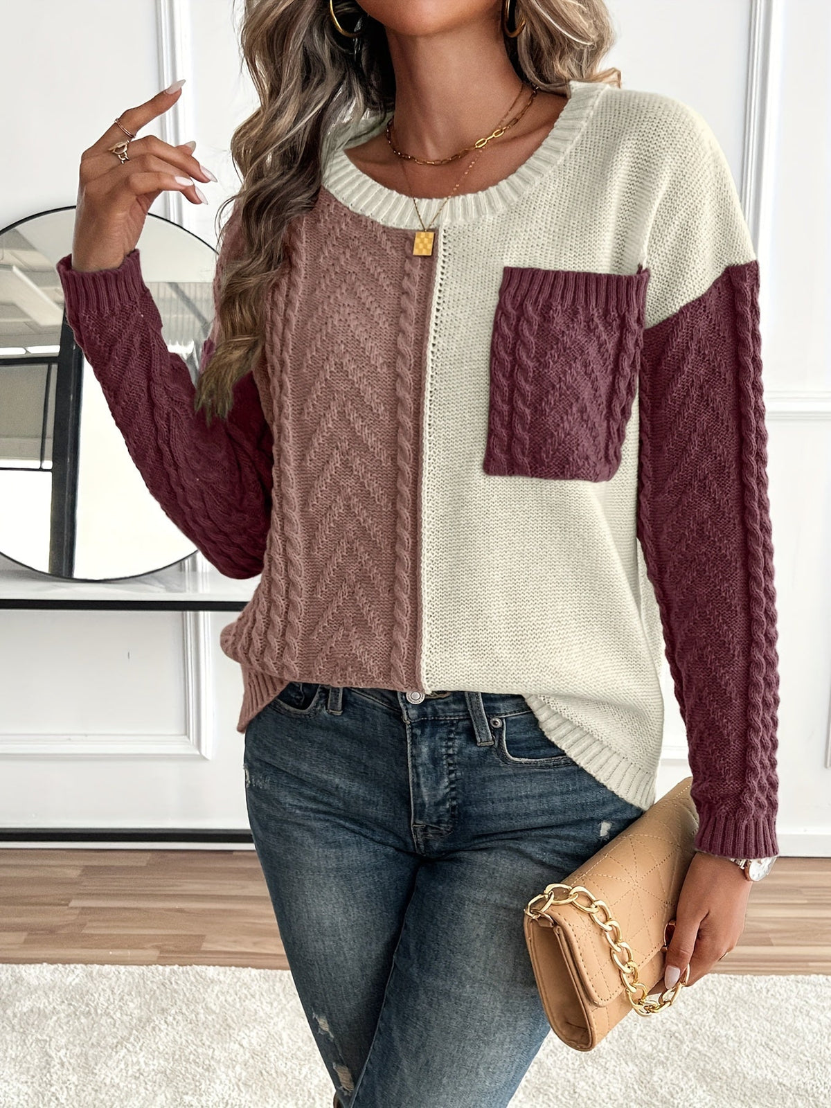 Lynn | Damen Zopfmuster Strickpullover mit Colorblock-Design Rundhals