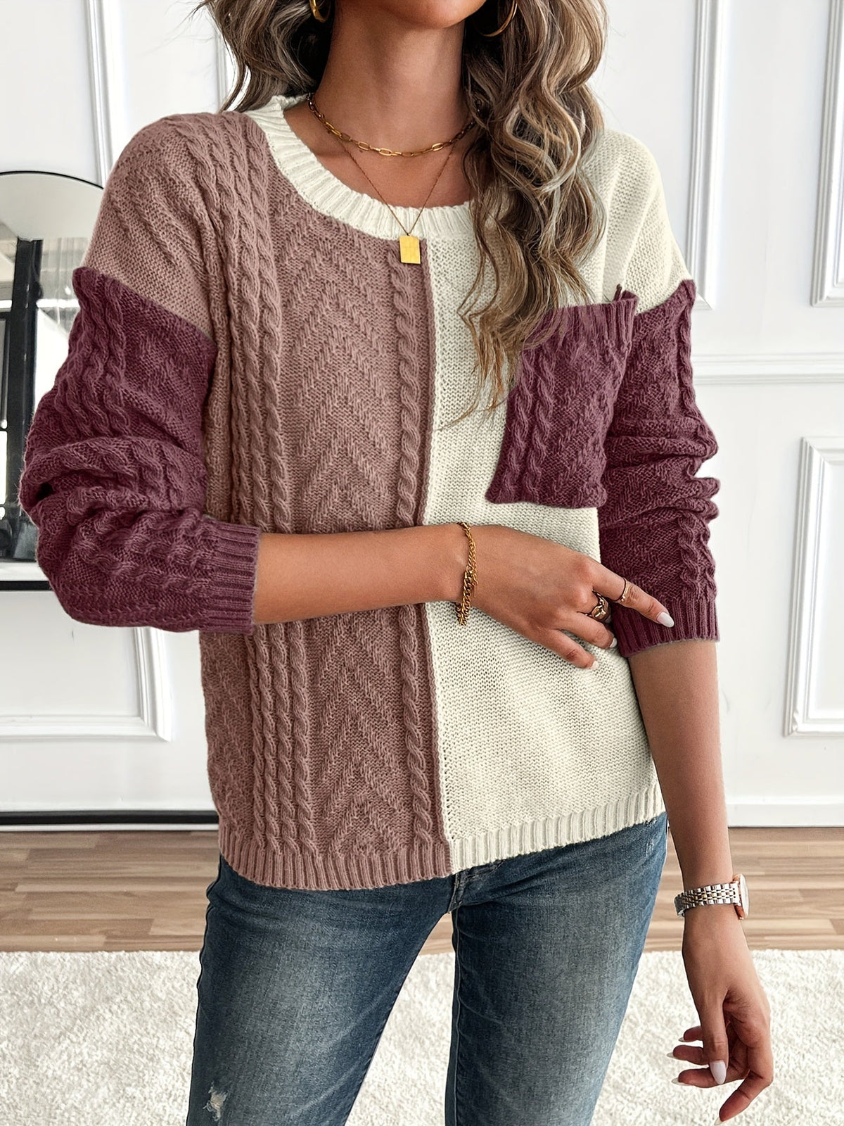 Lynn | Damen Zopfmuster Strickpullover mit Colorblock-Design Rundhals