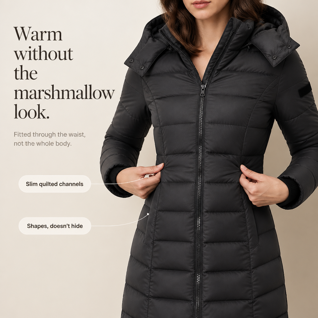 Sierra | Taillierte Midi-Steppjacke mit Kapuze für Damen