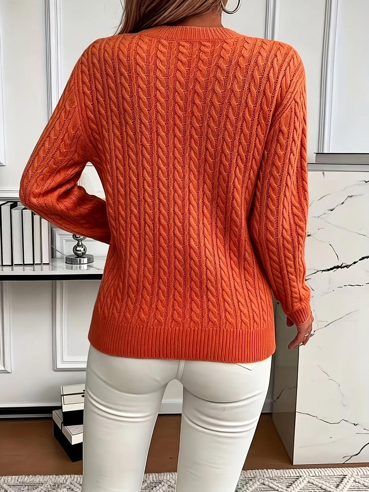 Jorien | Damen Zopfmuster Strickpullover Rundhalsausschnitt Oversized