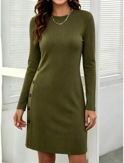 Klara | Damen Figurbetontes Strickkleid mit Knopfleiste, Rundhals