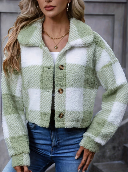 Ludivine | Damen Karo Jacke Kurz mit Knopfleiste und Stehkragen