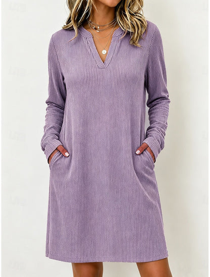 Lola | Damen Cordkleid Midi mit V-Ausschnitt und Taschen