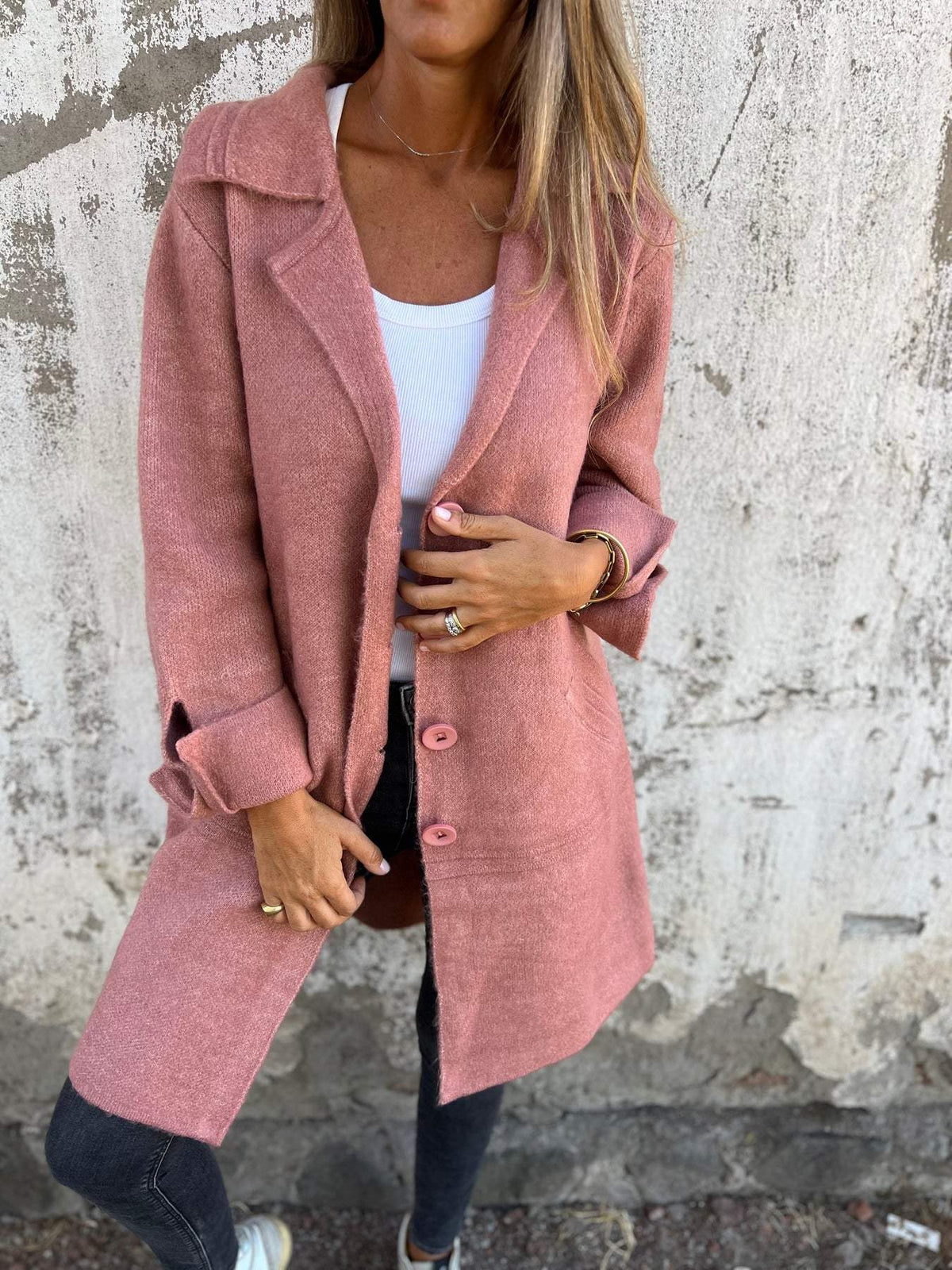 Aleah | Damen Strickjacke lang mit offenem Revers