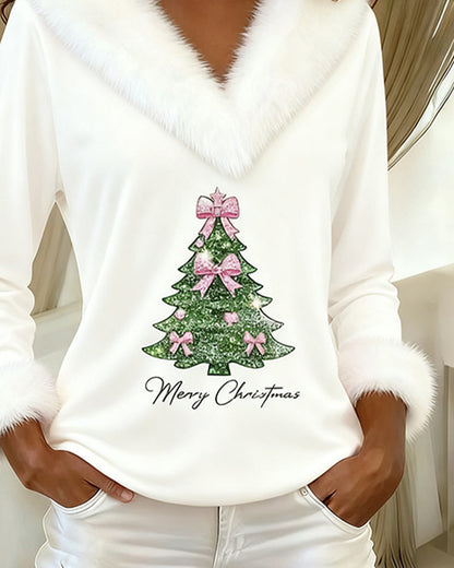 Ella | Weihnachtspullover Damen mit Glitzer-Tannenbaum V-Ausschnitt