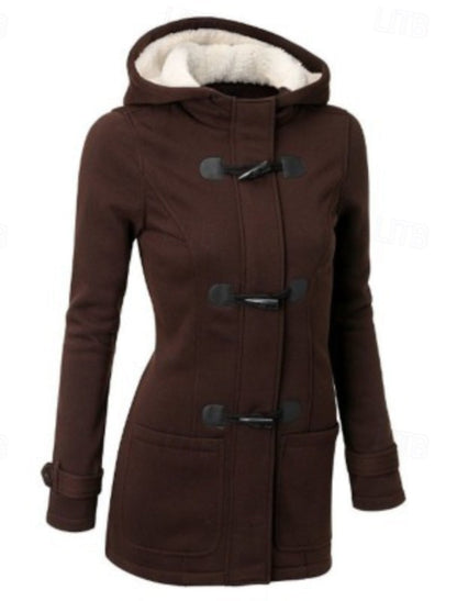 Eva | Winterjacke Damen Kapuze Hornknöpfe Taschen, Schwarz
