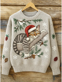 Marlien | Weihnachtspullover Katze Rundhals Strickpullover für Damen