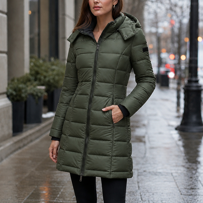 Sierra | Taillierte Midi-Steppjacke mit Kapuze für Damen
