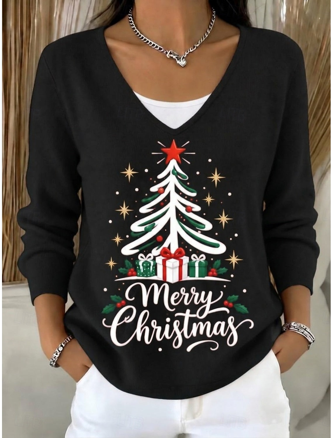 Josette | Weihnachtspullover Damen mit V-Ausschnitt und Knöpfen