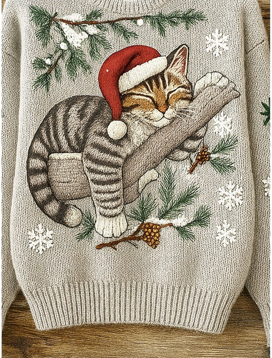 Marlien | Weihnachtspullover Katze Rundhals Strickpullover für Damen